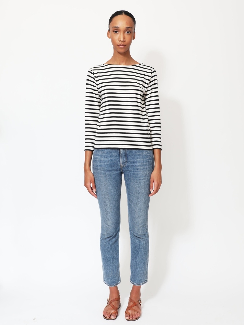 Women's Size XS Boxy T-Shirt White Navy Blue Stripes Boatneck 3/4 Sleeve Cotton